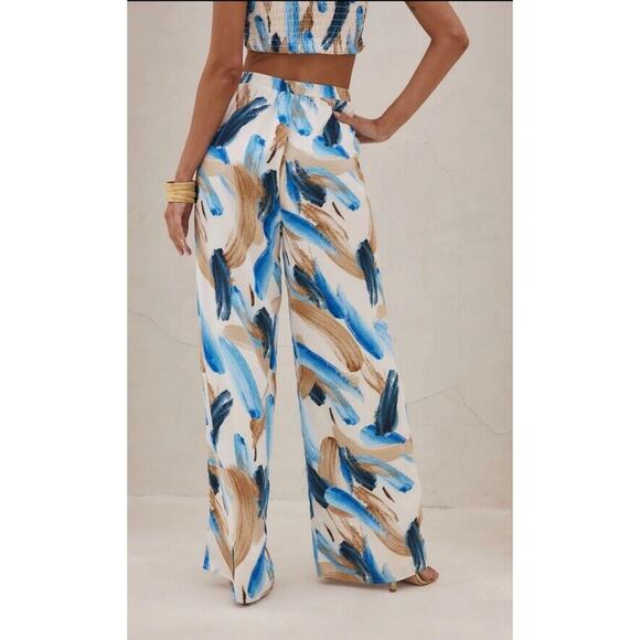 12th Tribe Perla Blue Watercolor Satin Wide Leg Pants Elastic Waist Sz M NWT - Picture 2 of 14